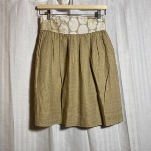 Lauren Moffatt Gold Metallic 100% Linen Silk Lined Mini Skirt Lace Waist Size 0